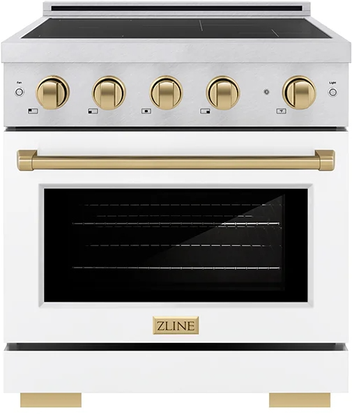 ZLINE Autograph Edition 30 in. 4.2 cu. ft. Paramount Induction Range with 4 Element Cooktop and Electric Convection Oven in Satin Stainless Steel with White Matte Door and Champagne Bronze Accents (SINRSZ-WM-30-CB)