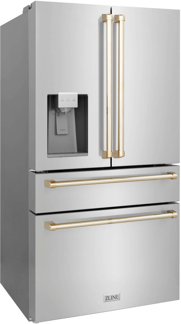 ZLINE Autograph Edition 36" 21.6 Cu. Ft. Fingerprint Resistant Stainless Steel Counter Depth French Door Refrigerator with Water/Ice Dispenser and Champagne Bronze Traditional Handles-3