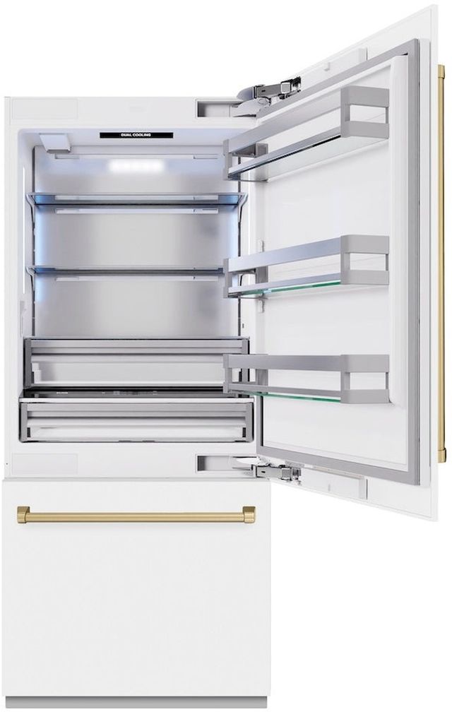 ZLINE Autograph Edition 36" 19.8 Cu. Ft. White Matte Built-In Bottom Freezer Refrigerator with Water Dispenser, Ice Maker and Champagne Bronze Accents-3