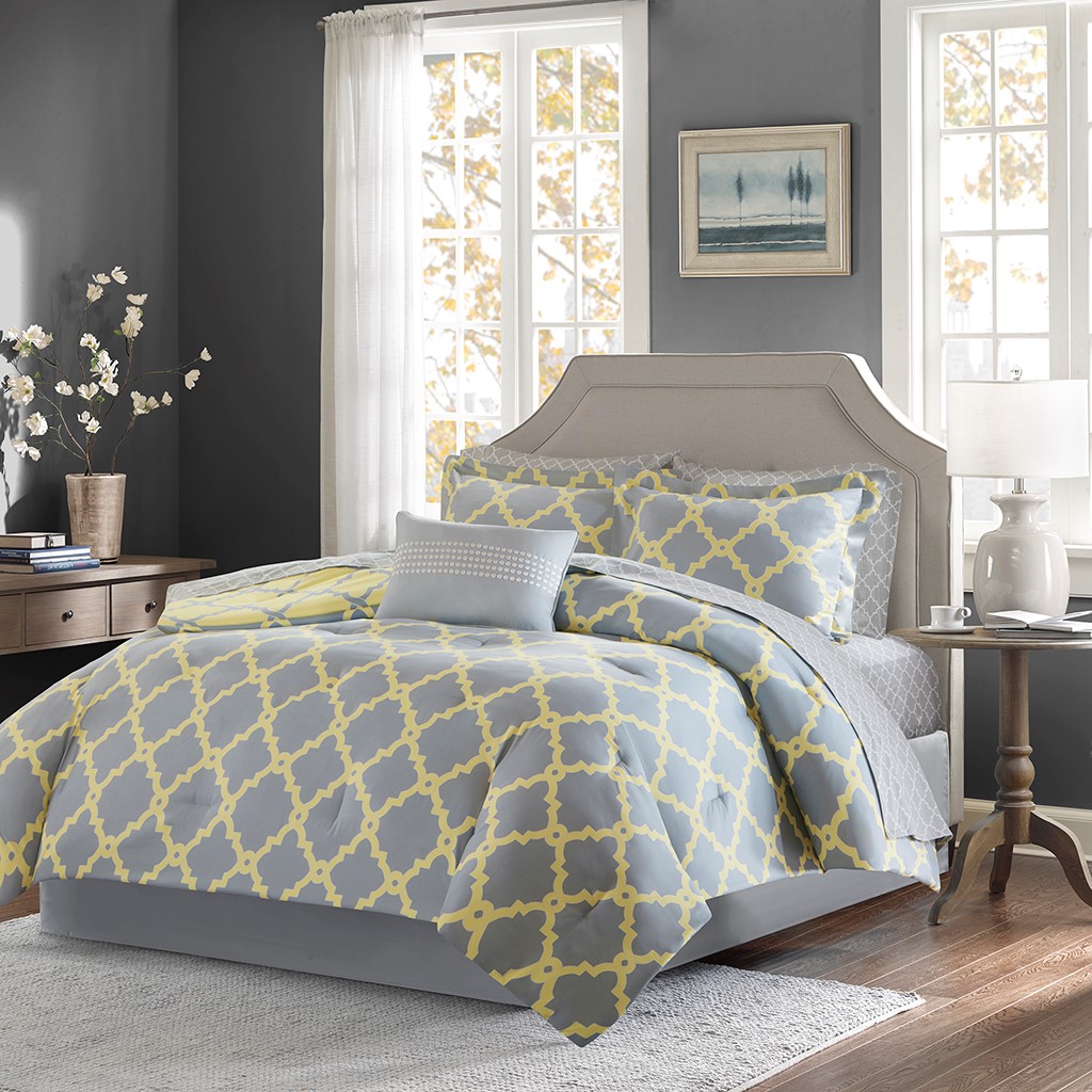Olliix by Madison Park Essentials Merritt Yellow/Grey Twin Reversible Complete Comforter and Cotton Sheet Set