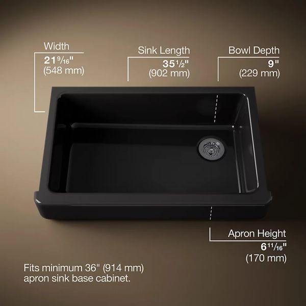 KOHLER® Whitehaven® Black 36" Undermount Single-Bowl Farmhouse Kitchen Sink with Short Apron-2
