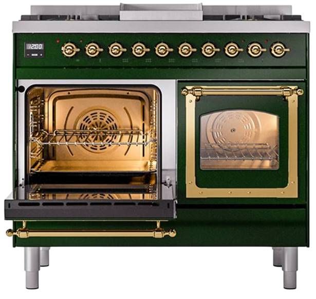 Ilve® Nostalgie II Noblesse 40'' Emerald Green Pro Style Dual Fuel Range with Brass Trim-3