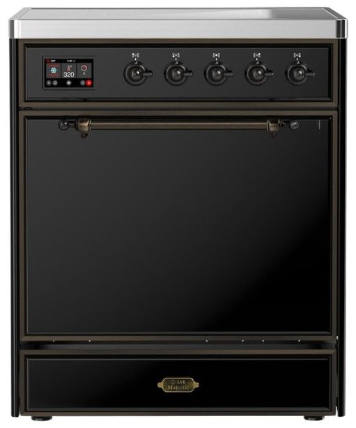 Ilve® Majestic III 30" Glossy Black Pro Style Induction Range with Solid Door and Burnished Trim-0