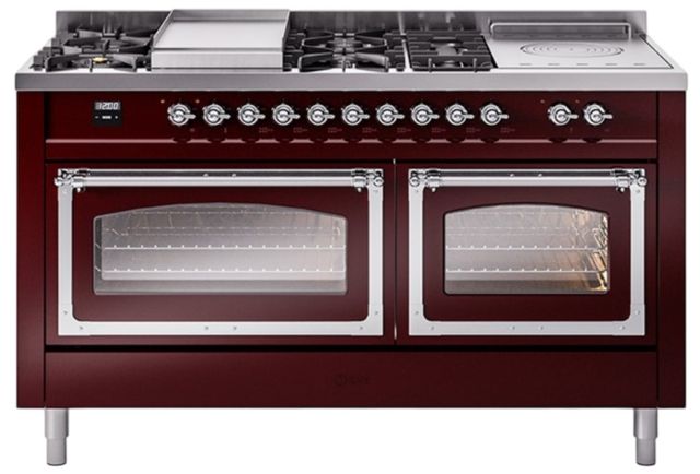 Ilve® Nostalgie II Noblesse 60'' Burgundy Pro Style Dual Fuel Range with Chrome Trim-0