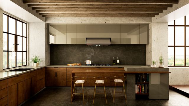 Front view of a modern kitchen with an Elica Pro Series under cabinet range hood