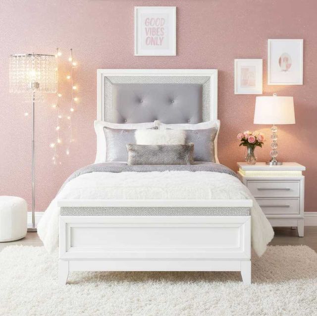 Liberty Furniture Reflections Gray/Pearl White/Rhinestone Full Youth Upholstered Panel Bed-1
