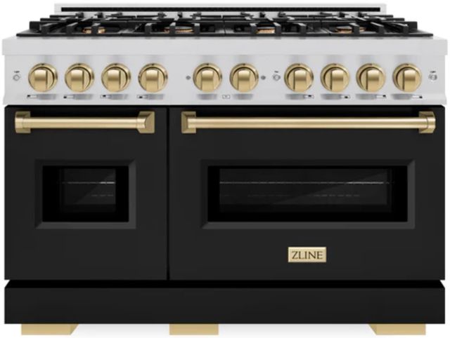 ZLINE Classic Autograph Edition 48" Stainless Steel Pro Style Dual Fuel Range with Black Matte Door and Polished Gold Accents-0