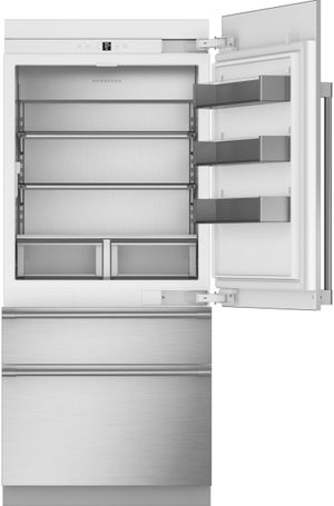 Front view of an opened Monogram® 36 in. 20.2 Cu. Ft. Panel Ready Counter Depth Bottom Freezer Refrigerator