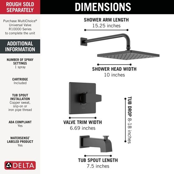 Delta Modern Monitor 14 Series 16" Matte Black Single Handle Lever Tub and Shower Trim-2