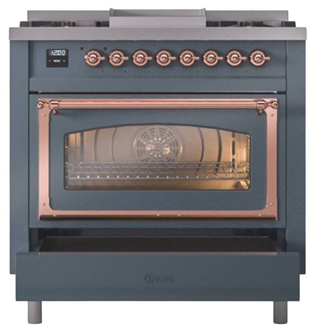 Ilve® Nostalgie II Noblesse 36'' Blue Gray Pro Style Dual Fuel Range with Copper Trim-3