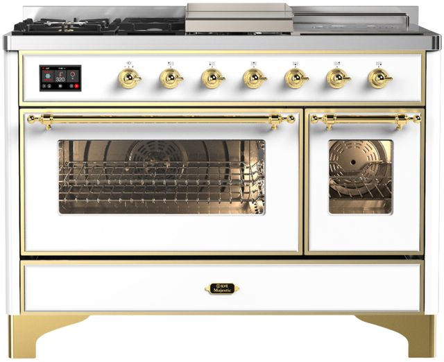 Ilve® Majestic III 48" White Pro Style Dual Fuel Natural Gas Range with 5 Black Brass Burners and Brass Trim-0
