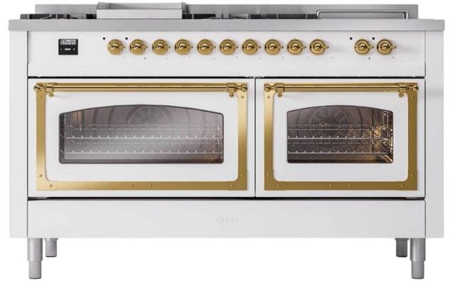 Ilve® Nostalgie II Noblesse 60'' Custom RAL Color Pro Style Dual Fuel Range with Brass Trim-1