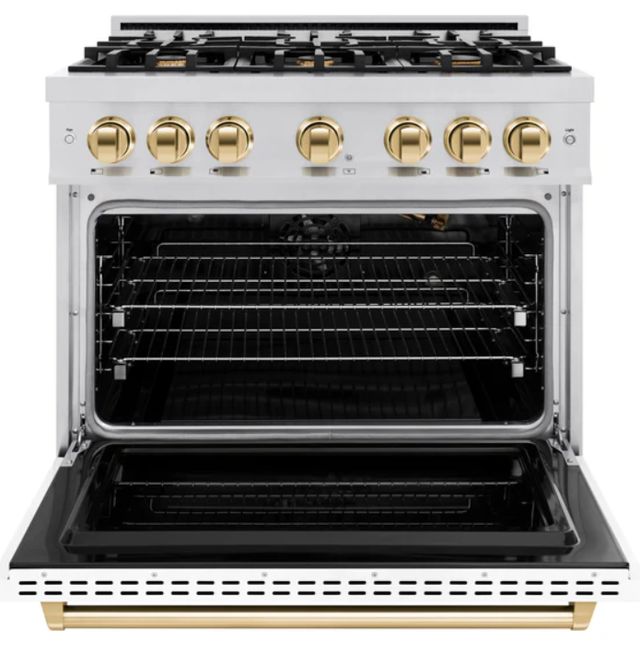 ZLINE Classic Autograph Edition 36" Stainless Steel Pro Style Gas Range with White Matte Door and Polished Gold Accents-1