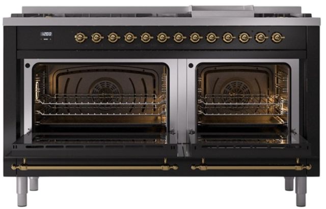 Ilve® Nostalgie II Noblesse 60'' Glossy Black Pro Style Dual Fuel Range with Brass Trim-1