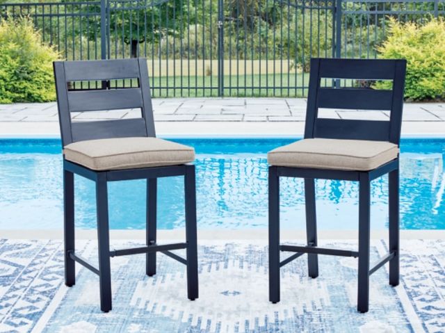 Signature Design by Ashley® East Beach Beige/Navy Blue Fabric/Wooden Outdoor Barstool-1