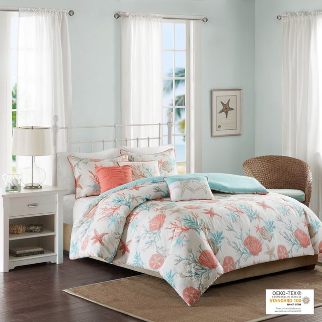 Olliix by Madison Park 6 Piece Coral Full/Queen Pebble Beach Duvet Cover Set-0