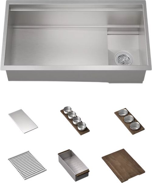 KOHLER® Synthos™ Dark Walnut/Stainless Steel 34" Undermount Single-Bowl Workstation Kitchen Sink-0