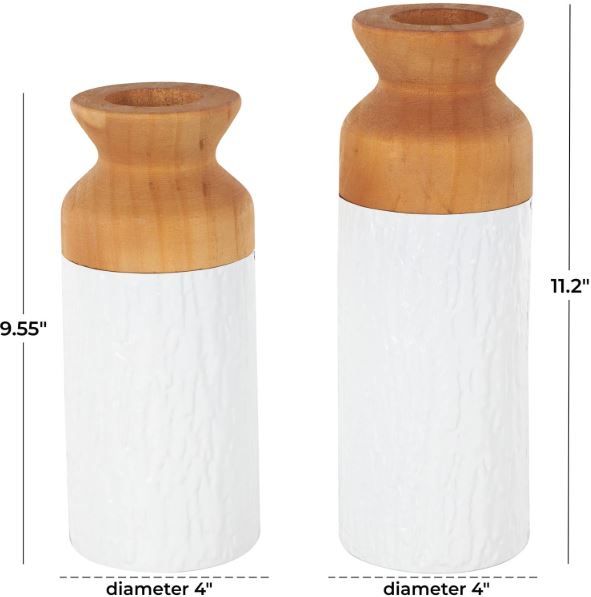 Deco Marche 2-Piece White Abstract Decorative Vase with Brown Wood Tops Set-3