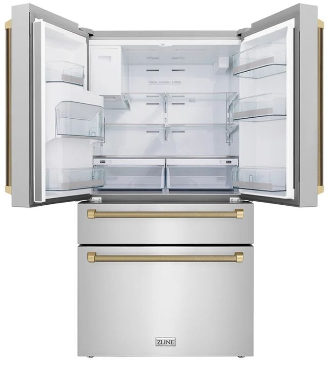 ZLINE Autograph Edition 36" 21.6 Cu. Ft. Stainless Steel Counter-Depth French Door Refrigerator with Water and Ice Maker in Fingerprint-Resistant and Champagne Bronze Helix Handles-1