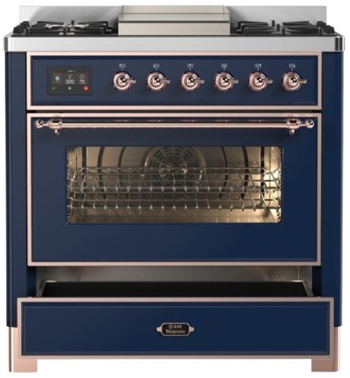 Ilve® Majestic III 36" Midnight Blue Pro Style Dual Fuel Natural Gas Range with 6 Black Brass Burners and Copper Trim-2