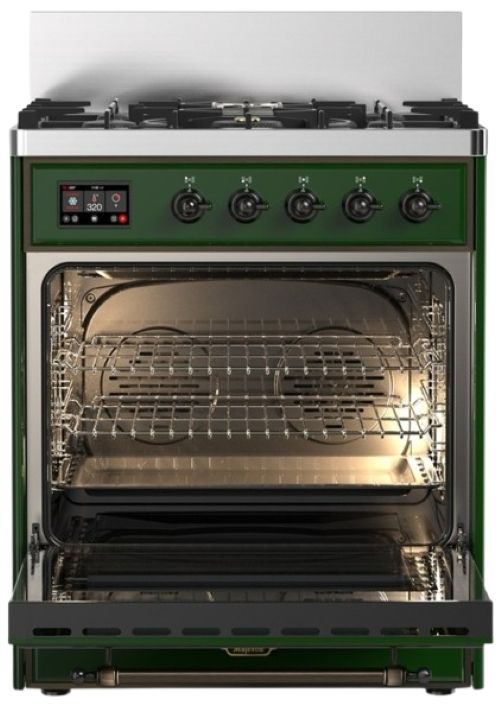 Ilve® Majestic III 30" Emerald Green Pro Style Dual Fuel Natural Gas Range with Solid Door and Burnished Trim-1