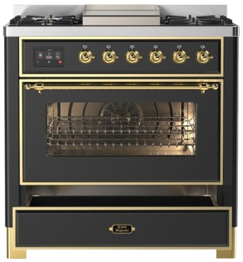 Ilve® Majestic III 36" Graphite Matte Pro Style Dual Fuel Liquid Propane Range with 6 Black Brass Burners and Brass Trim-2