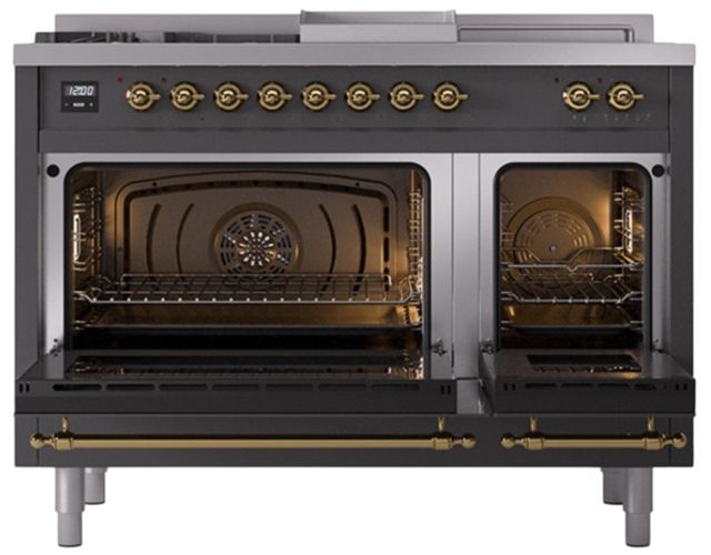 Ilve® Nostalgie II Noblesse 48'' Graphite Matte Pro Style Dual Fuel Range with Brass Trim-1