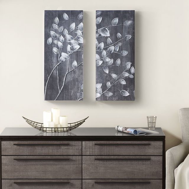 Olliix by Madison Park Grey Branches 2 Piece Reclaimed Grey Print on Wood with Handpaint Set-3
