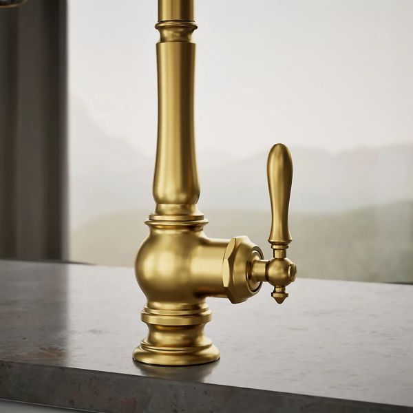 KOHLER® Artifacts® Vibrant Brushed Moderne Brass Kitchen Sink Faucet with 3-Function Sprayhead-4