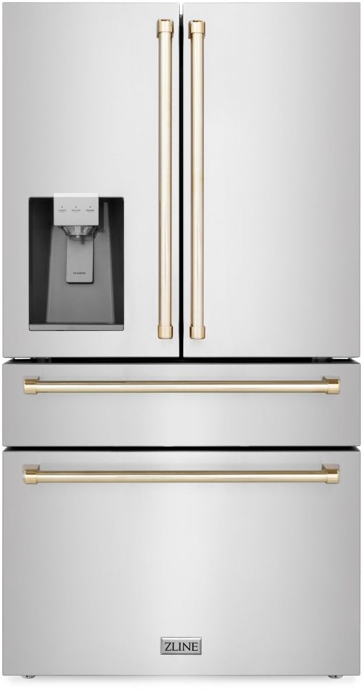 ZLINE Autograph Edition 36" 21.6 Cu. Ft. Fingerprint Resistant Stainless Steel Counter Depth French Door Refrigerator with Water/Ice Dispenser and Polished Gold Traditional Handles-0