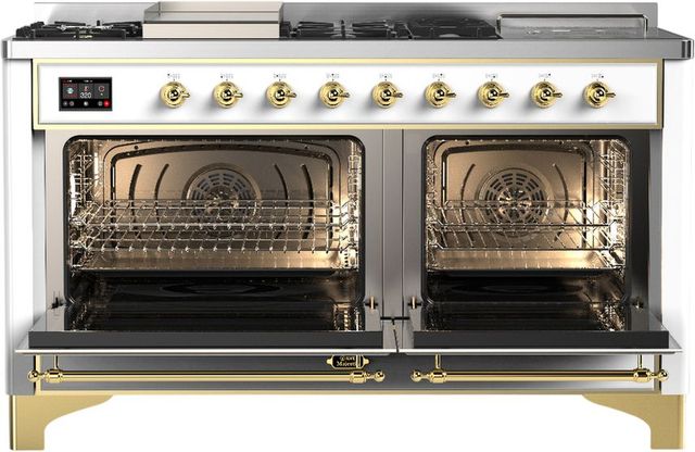 Ilve® Majestic III 60'' White Pro Style Dual Fuel Natural Gas Range with Solid Door and Brass Trim-1