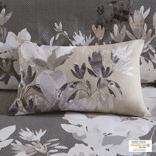 Olliix by N Natori Odessa Embroidered Cotton Neutral 12" x 20" Oblong Decorative Pillow-1