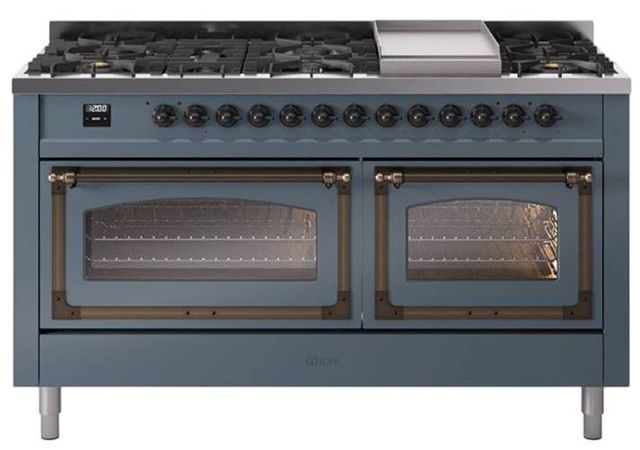 Ilve® Nostalgie II Noblesse 60'' Blue Gray Pro Style Dual Fuel Range with Burnished Trim-0