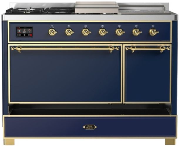 Ilve® Majestic III 48" Midnight Blue Pro Style Dual Fuel Natural Gas Range with French Top and Brass Trim-2
