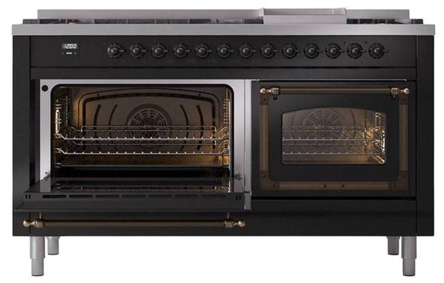 Ilve® Nostalgie II Noblesse 60'' Glossy Black Pro Style Dual Fuel Range with Burnished Trim-3