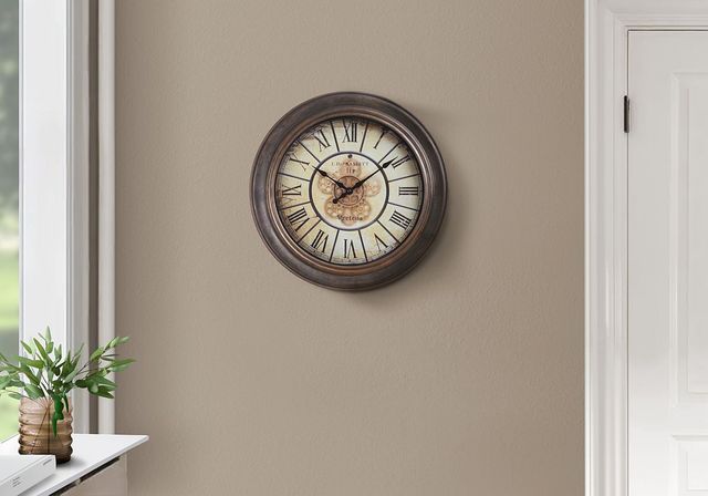 Monarch Specialties Inc. Antique Brown 15" Round Wall Clock with Roman Numerals on Beige Background-2