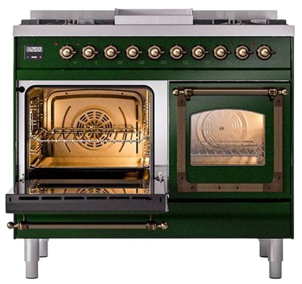 Ilve® Nostalgie II Noblesse 40'' Emerald Green Pro Style Dual Fuel Range with Burnished Trim-3
