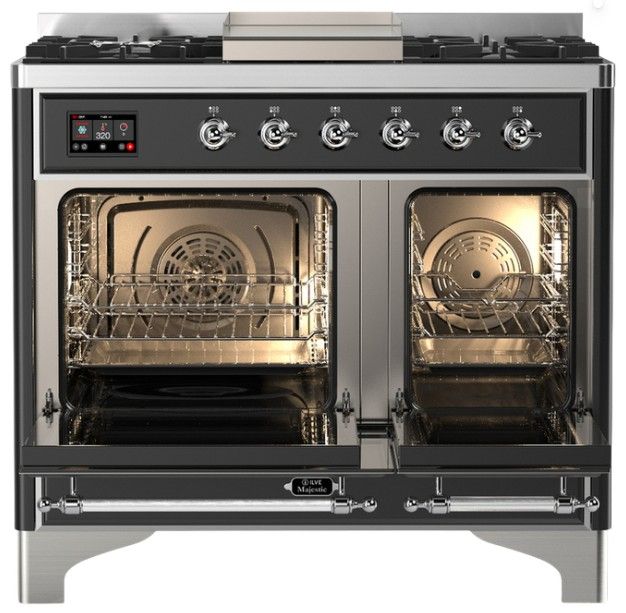 Ilve® Majestic III 40" Glossy Black Pro Style Dual Fuel Liquid Propane Range with Solid Door and Chrome Trim-1