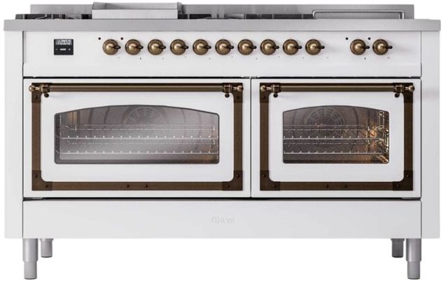 Ilve® Nostalgie II Noblesse 60'' White Pro Style Dual Fuel Range with Burnished Trim-1