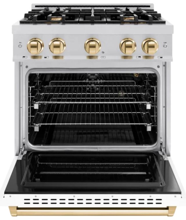 ZLINE Classic Autograph Edition 30" Stainless Steel Pro Style Gas Range with White Matte Door and Polished Gold Accents-1
