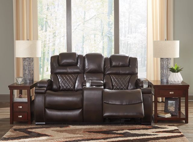Signature Design by Ashley® Warnerton Chocolate Power Reclining Loveseat with Console and Adjustable Headrest-3