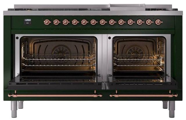 Ilve® Nostalgie II Noblesse 60'' Emerald Green Pro Style Dual Fuel Range with Copper Trim-2