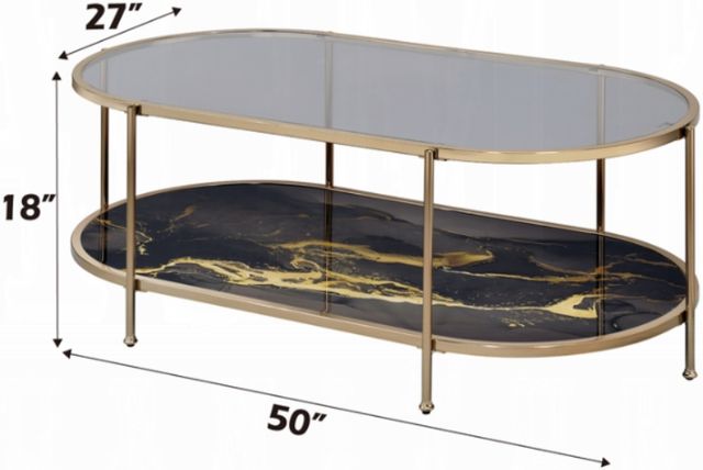 ACME Furniture Fiorella Glass Top Coffee Table with Black Marble Print/Champagne Base-2