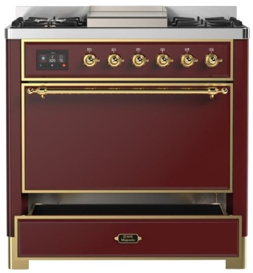 Ilve® Majestic III 36" Burgundy Pro Style Dual Fuel Natural Gas Range with Solid Door and Brass Trim-2