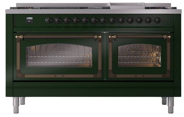 Ilve® Nostalgie II Noblesse 60'' Emerald Green Pro Style Dual Fuel Range with Burnished Trim-1