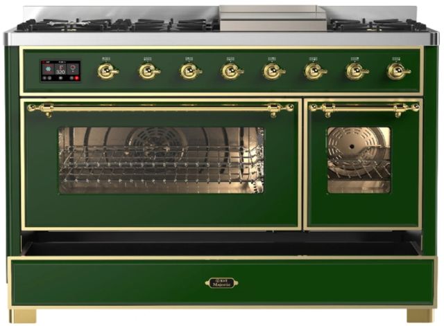 Ilve® Majestic III 48" Emerald Green Pro Style Dual Fuel Liquid Propane Range with Triple Glass Door and Brass Trim-1