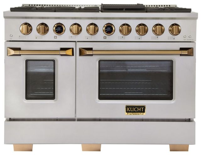 Kucht Professional KX Series 48" Stainless Steel Pro Style Dual Fuel Liquid Propane Gas Range with Gold Accents and Kucht Horus Thermostat-1