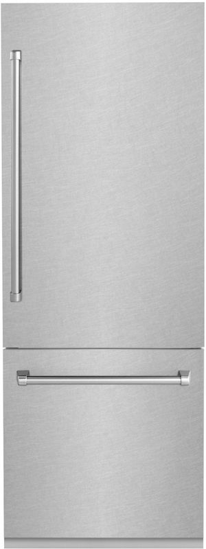 Front view of the ZLINE 30 in. 16.1 Cu. Ft. DuraSnow® Stainless Steel Built In Bottom Freezer Refrigerator