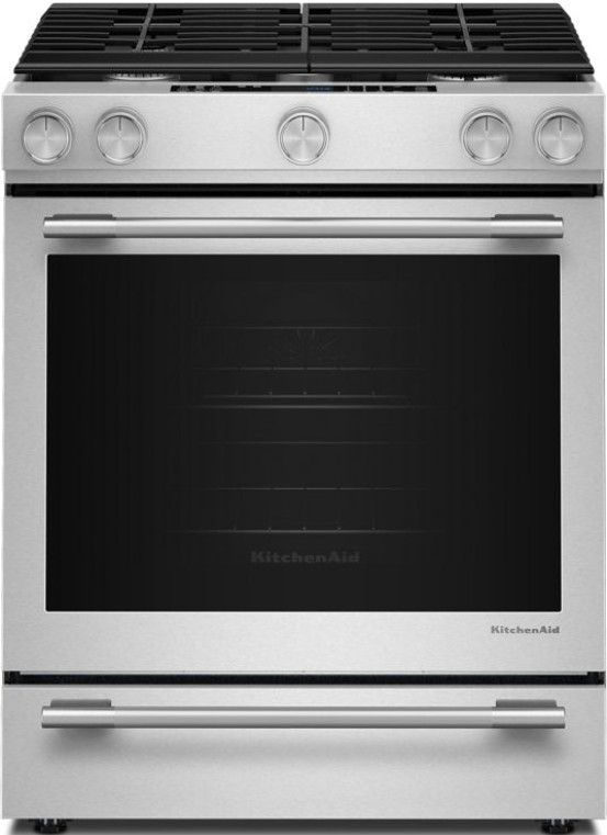 KitchenAid® 30” PrintShield™ Stainless Steel Convection Dual Fuel Slide-In Gas Range with 5 Burner and Baking Drawer-0
