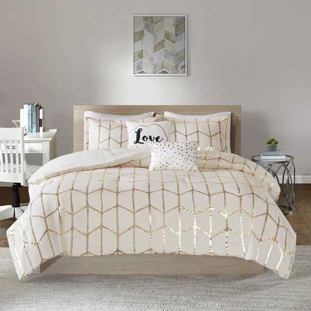 Olliix by Intelligent Design Raina Ivory and Gold Full/Queen Metallic Printed Comforter Set-0